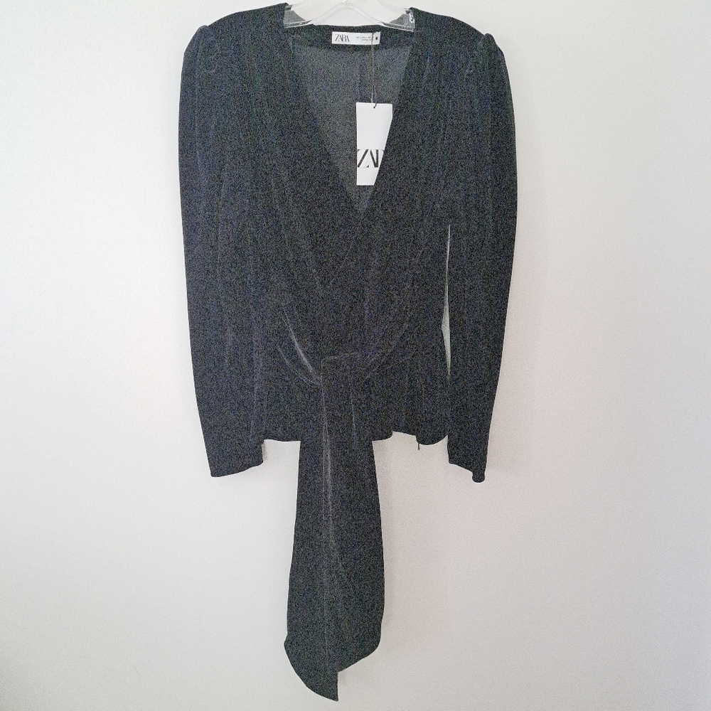 Zara Black Wrap Velvet Blouse